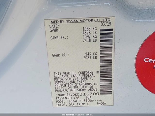 2019 Nissan Altima 2.5 S მანქანა იყიდება აუქციონზე, vin: 1N4BL4BV0KC216700, აუქციონის ნომერი: 42104728