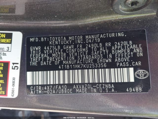 2019 TOYOTA CAMRY 4T1B11HK7KU253356 Photo 8