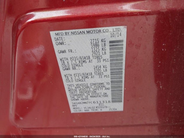 Nissan Pathfinder Sl 2015 5N1AR2MN7FC611318 Image 9
