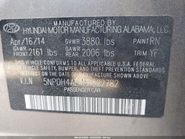 5NPDH4AE4EH522782 Hyundai ELANTRA SE