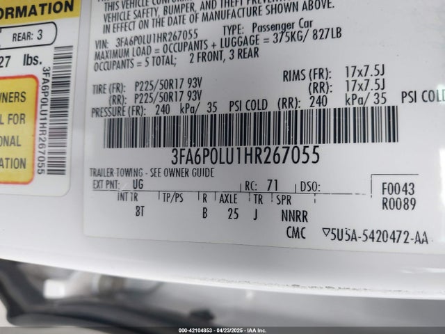 3FA6P0LU1HR267055 Ford Fusion Hybrid Se