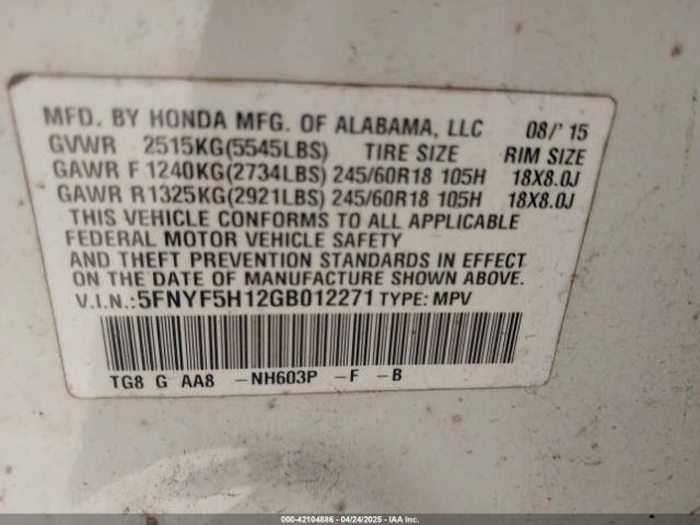 5FNYF5H12GB012271 Honda PILOT LX