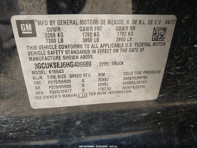 3GCUKSEJ6HG409989 Chevrolet l86 - sidi: spark ignited direct injection, vvt: variable valve timing, afm, e85 max, alum