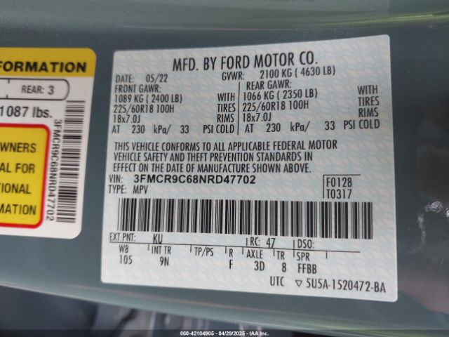3FMCR9C68NRD47702 Ford Bronco Sport Outer Banks