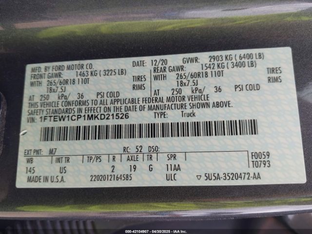 1FTEW1CP1MKD21526 Ford 4v