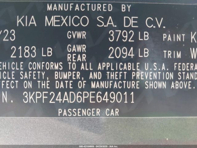 3KPF24AD6PE649011 KIA Forte Lxs