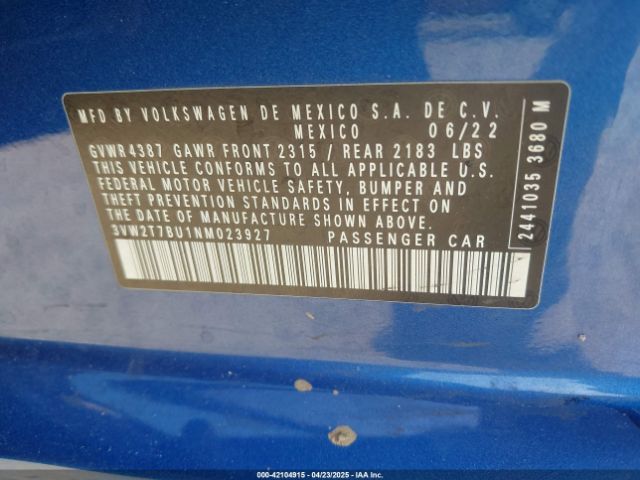 3VW2T7BU1NM023927 Volkswagen Jetta Gli 2.0t Autobahn