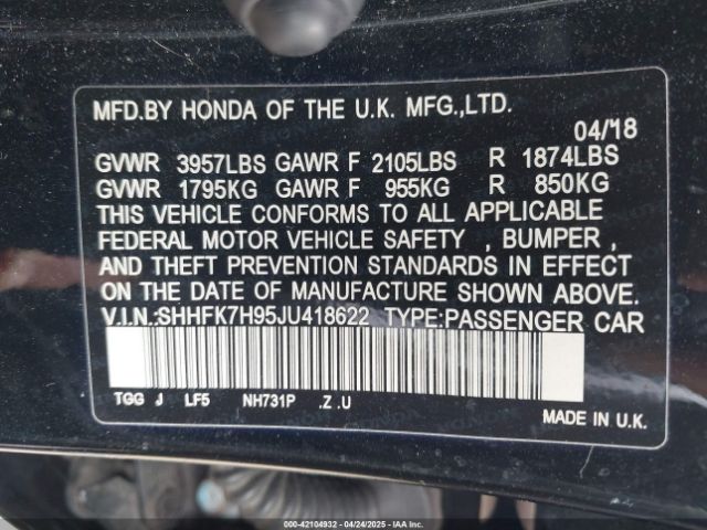 2018 HONDA CIVIC SHHFK7H95JU418622 Photo 8