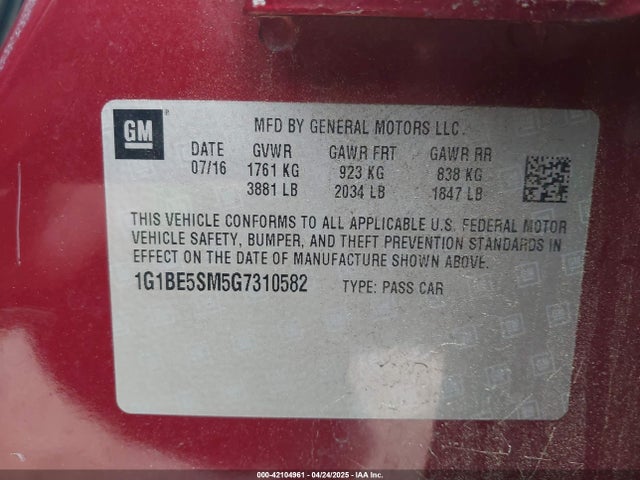 1G1BE5SM5G7310582 Chevrolet Cruze Lt Auto