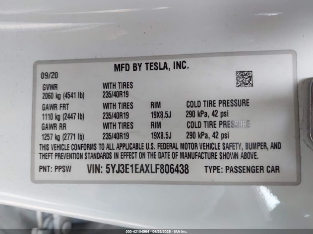 5YJ3E1EAXLF806438 Tesla Model 3 Standard Range Plus Rear-wheel Drive/standard Range Rear-wheel Drive