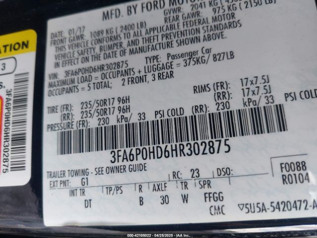 3FA6P0HD6HR302875 Ford FUSION SE