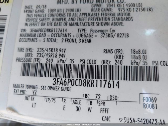 3FA6P0CD8KR117614 Ford FUSION SEL