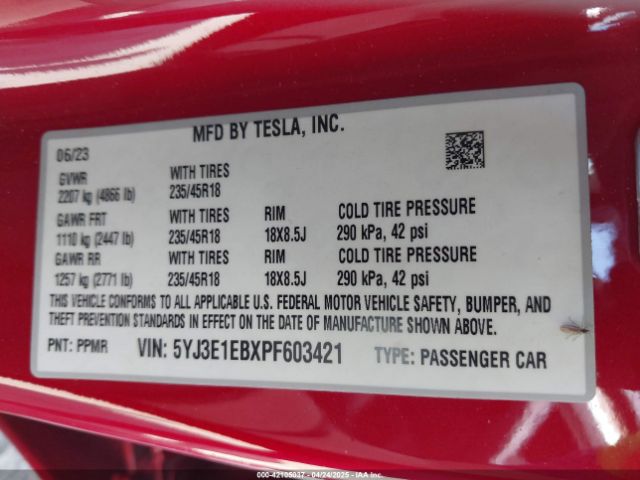 5YJ3E1EBXPF603421 Tesla Model 3 Long Range Dual Motor All-wheel Drive