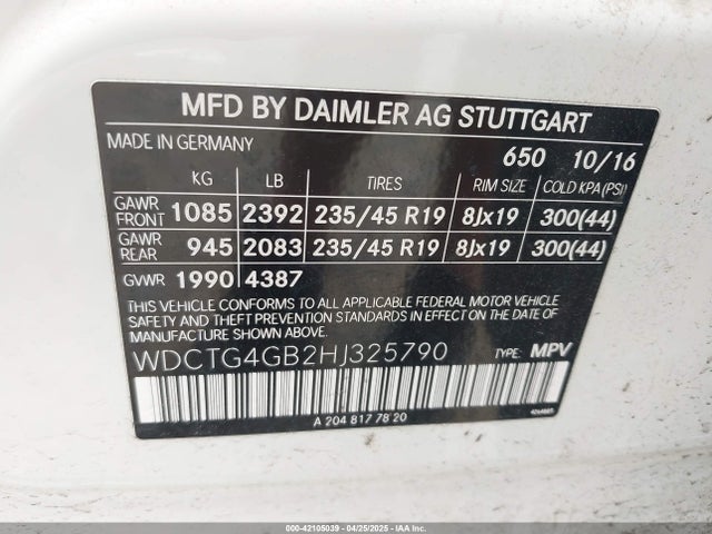 WDCTG4GB2HJ325790 Mercedes-Benz Gla 250 4matic
