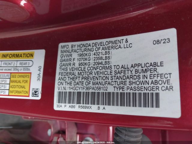 1HGCY1F36PA058102 Honda ACCORD EX