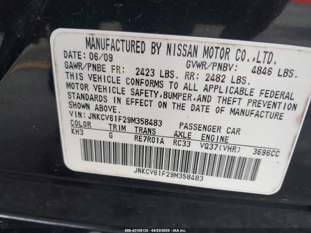 2009 Infiniti G37x მანქანა იყიდება აუქციონზე, vin: JNKCV61F29M358483, აუქციონის ნომერი: 42105128