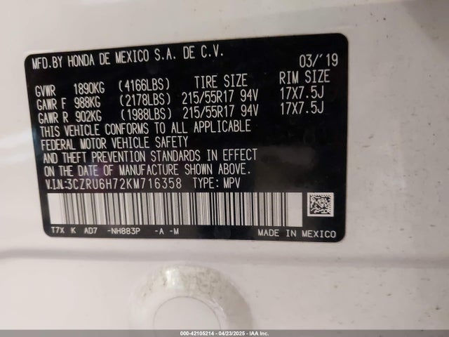 3CZRU6H72KM716358 Honda r18z9
