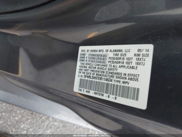 5FNRL5H97EB114634 Honda Odyssey Touring/touring Elite