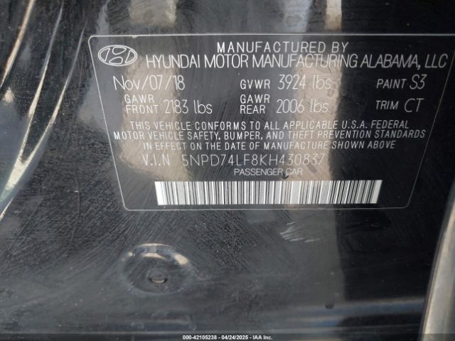5NPD74LF8KH430837 Hyundai ELANTRA SE