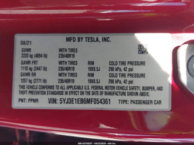 5YJ3E1EB6MF054361 Tesla Model 3 Long Range Dual Motor All-wheel Drive