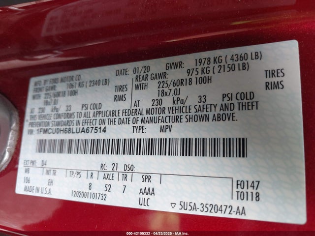 Ford ESCAPE SEL 2020 1FMCU0H68LUA67514 Image 9