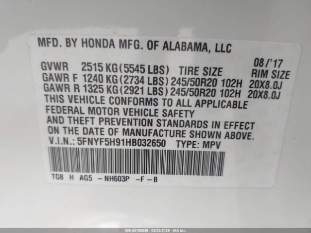 5FNYF5H91HB032650 Honda Pilot Touring