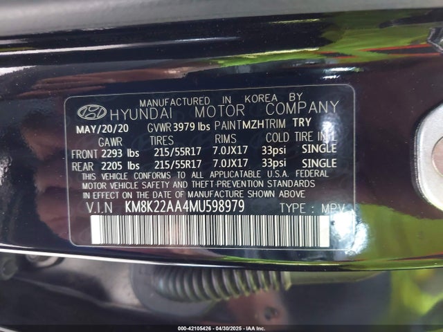 KM8K22AA4MU598979 Hyundai mpi nu