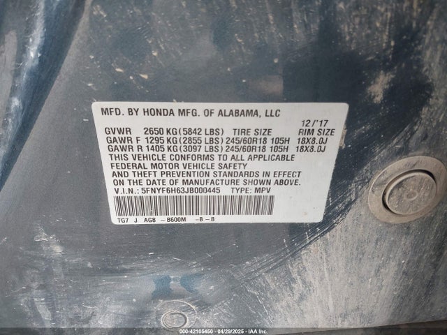 5FNYF6H63JB000445 Honda Pilot Ex-l