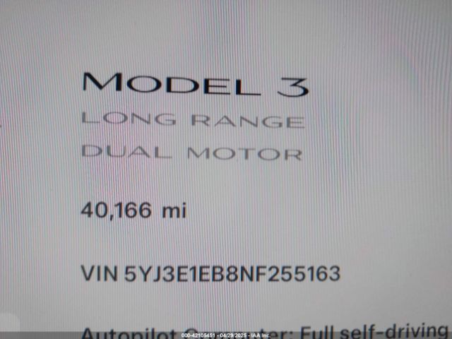 5YJ3E1EB8NF255163 Tesla Model 3 Long Range Dual Motor All-wheel Drive