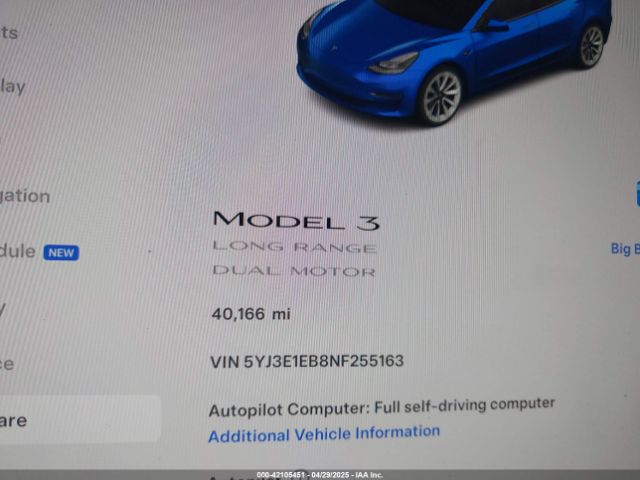 5YJ3E1EB8NF255163 Tesla Model 3 Long Range Dual Motor All-wheel Drive