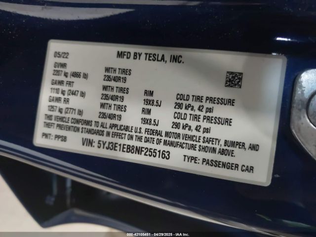 5YJ3E1EB8NF255163 Tesla Model 3 Long Range Dual Motor All-wheel Drive