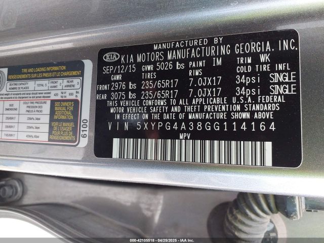 5XYPG4A38GG114164 KIA Sorento 2.4l Lx