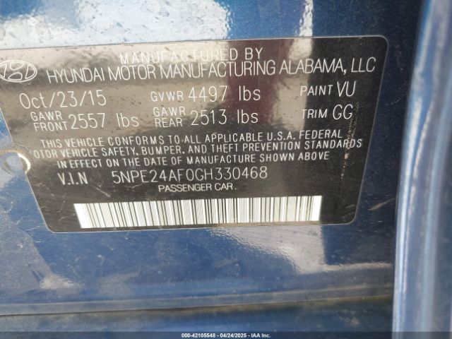 5NPE24AF0GH330468 Hyundai SONATA SE