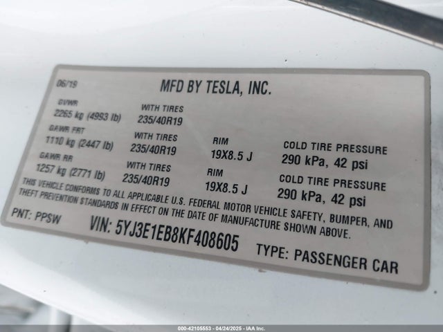 2019 TESLA MODEL 3 5YJ3E1EB8KF408605 Photo 8
