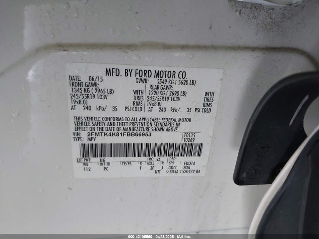42105560 :رقم المزاد ، 2FMTK4K81FBB66953 vin ، 2015 Ford Edge Titanium مزاد بيع