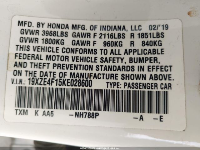 2019 HONDA INSIGHT 19XZE4F15KE028600 Photo 8