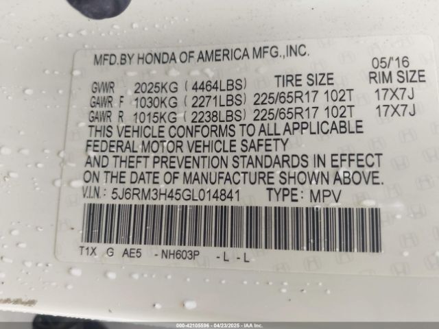 5J6RM3H45GL014841 Honda CR-V SE