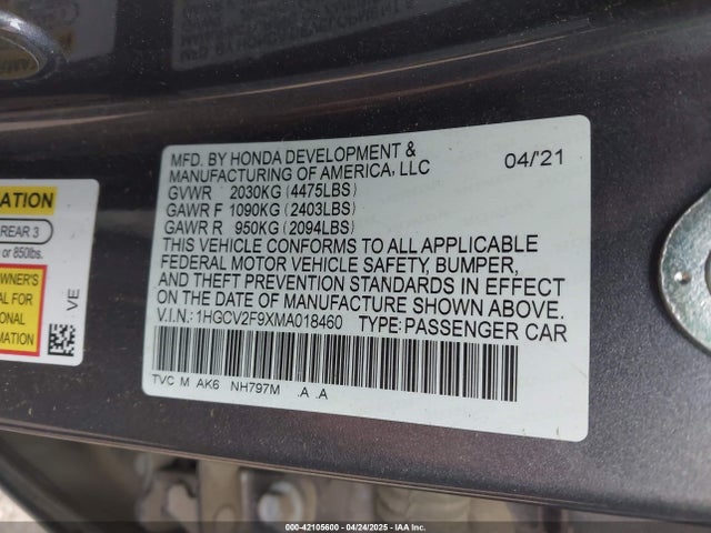 1HGCV2F9XMA018460 Honda k20c4