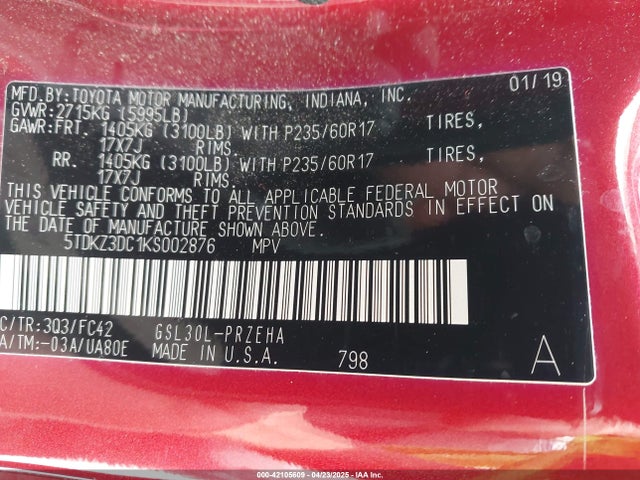 5TDKZ3DC1KS002876 Toyota Sienna Le 8 Passenger