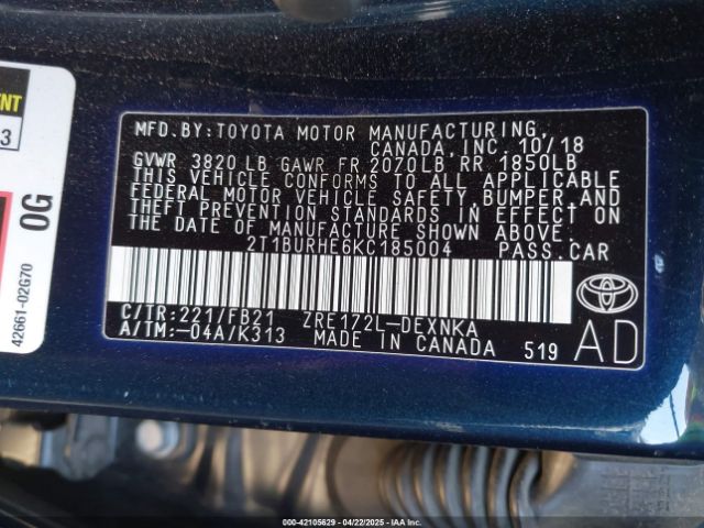 2T1BURHE6KC185004 Toyota COROLLA LE