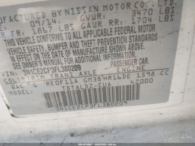 3N1CE2CP3FL380209 Nissan Versa Note S (sr)/s Plus/sl/sr/sv