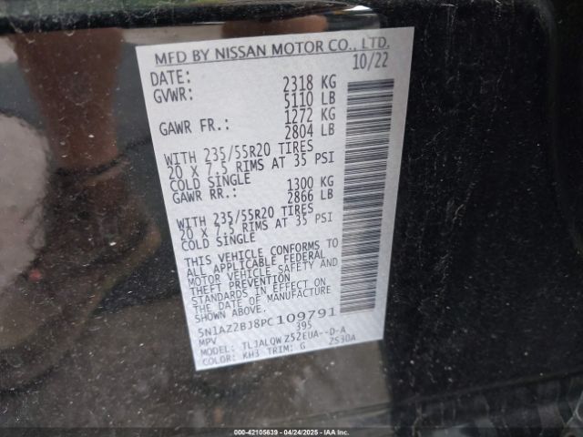 5N1AZ2BJ8PC109791 Nissan Murano Sv Fwd