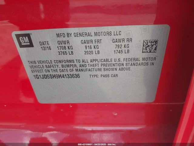 1G1JD5SH9H4133636 Chevrolet Sonic Lt Auto