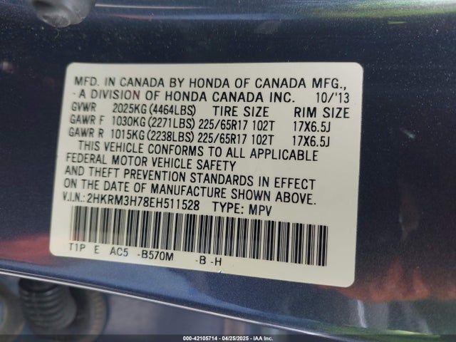 2HKRM3H78EH511528 Honda Cr-v Ex-l