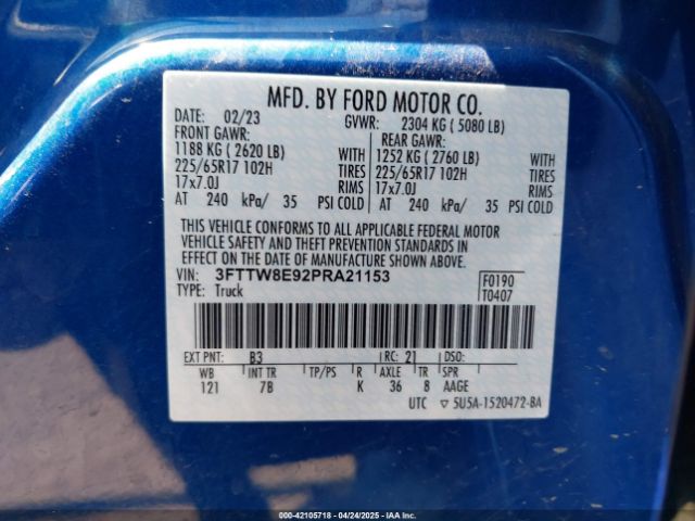 3FTTW8E92PRA21153 Ford Maverick Xlt