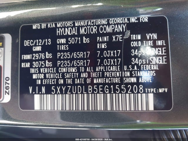 5XYZUDLB5EG155208 Hyundai Santa Fe Sport 2.4l