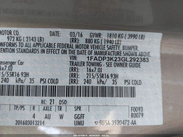 1FADP3K23GL292383 Ford FOCUS SE