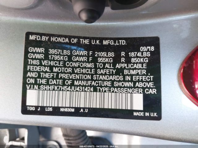 SHHFK7H54JU431424 Honda CIVIC EX