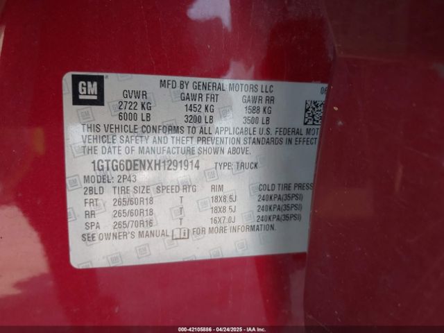 1GTG6DENXH1291914 GMC CANYON SLT