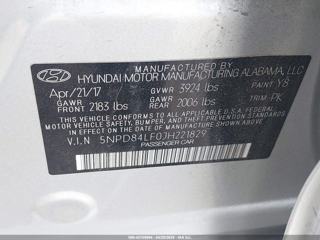 5NPD84LF0JH221829 Hyundai ELANTRA SEL